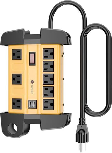 Oviitech 8 Outlets Mountable Heavy Duty Surge Protector Metal Power Strip with 2 USB Charging Ports(2.4A),1800 Joules with 6 Foot Long Extension Cord, Yellow&Black,ETL Listed in Saudi Arabia