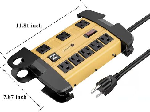 Oviitech 8 Outlets Mountable Heavy Duty Surge Protector Metal Power Strip with 2 USB Charging Ports(2.4A),1800 Joules with 6 Foot Long Extension Cord, Yellow&Black,ETL Listed in Saudi Arabia