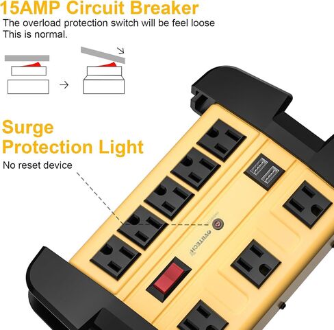 Oviitech 8 Outlets Mountable Heavy Duty Surge Protector Metal Power Strip with 2 USB Charging Ports(2.4A),1800 Joules with 6 Foot Long Extension Cord, Yellow&Black,ETL Listed in Saudi Arabia