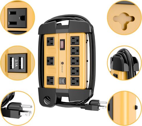 Oviitech 8 Outlets Mountable Heavy Duty Surge Protector Metal Power Strip with 2 USB Charging Ports(2.4A),1800 Joules with 6 Foot Long Extension Cord, Yellow&Black,ETL Listed in Saudi Arabia