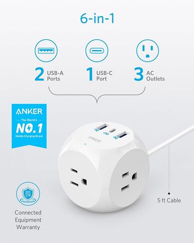 Anker Power Strip, PowerCube with 3 Outlets & 30W USB C,5ft Extension Cord, Power Delivery High-Speed Charging for iPhone 14/14Pro/13/12, for Dorm/Office,Cruise Travel Essential,TUV Listed in Saudi Arabia