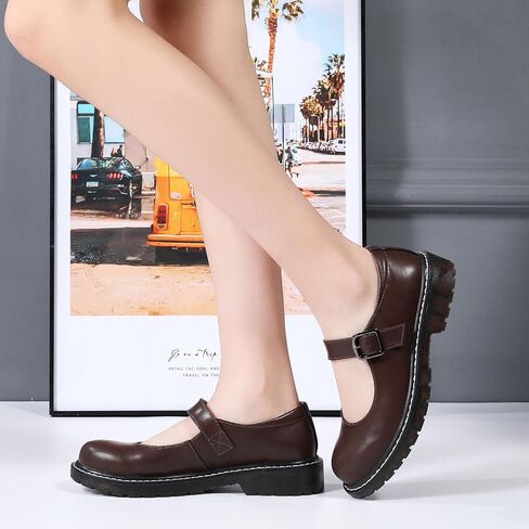 XMM Mary Jane Shoes Women Oxford Shoes Leather Round Toe Flats Non-Slip Ankle Buckle Strap Comfort Casual Dressy Cosplay Party School Work Shoes in Saudi Arabia