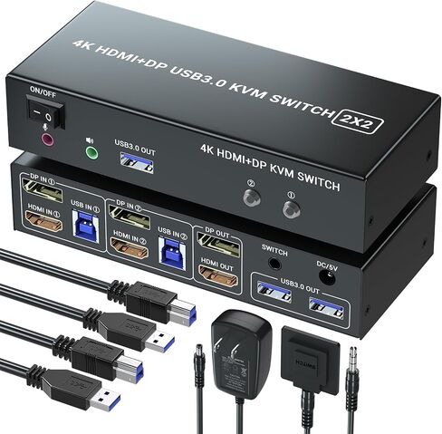 Dual Monitors HDMI+DP KVM Swith, 2 Computers 2 Monitors USB 3.0 HDMI Displayport KVM Support HDMI 4K@60Hz and DP 1.4 for 2 Computors to Share 3 USB Ports(External Controller&2 USB 3.0 Cables Included) in Saudi Arabia