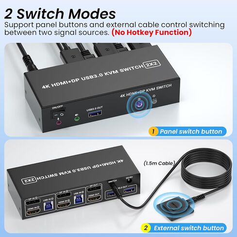 Dual Monitors HDMI+DP KVM Swith, 2 Computers 2 Monitors USB 3.0 HDMI Displayport KVM Support HDMI 4K@60Hz and DP 1.4 for 2 Computors to Share 3 USB Ports(External Controller&2 USB 3.0 Cables Included) in Saudi Arabia
