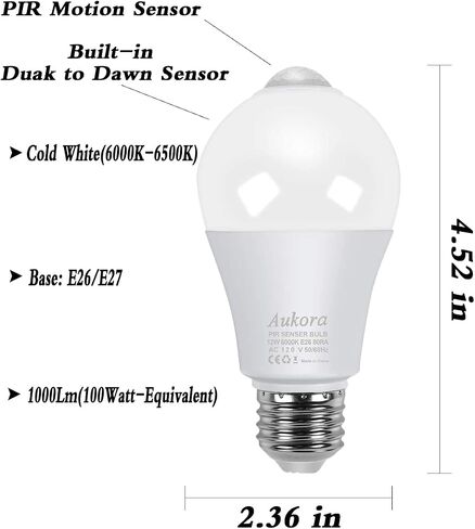 Motion Sensor Light Bulbs, Aukora 12W (100-Watt Equivalent) E26 Motion Activated Dusk to Dawn Security Light Bulb Outdoor/Indoor for Front Door Porch Garage Basement Hallway Closet(Warm White 2 Pack) in Saudi Arabia