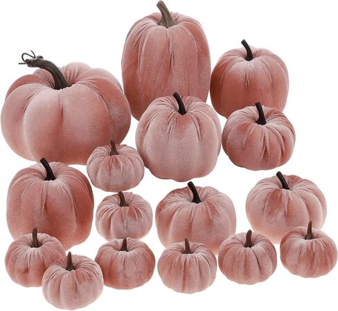 Yatinkim 16Pcs Pink Fake Foam Pumpkins Decorating Velvet Fabric Pumpkin Bulk Fall Table Bowl Centerpiece Farmhouse Harvest Decorative Halloween in Saudi Arabia