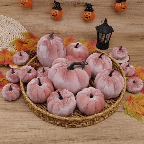 Yatinkim 16Pcs Pink Fake Foam Pumpkins Decorating Velvet Fabric Pumpkin Bulk Fall Table Bowl Centerpiece Farmhouse Harvest Decorative Halloween in Saudi Arabia