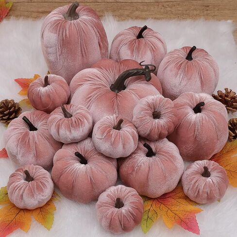 Yatinkim 16Pcs Pink Fake Foam Pumpkins Decorating Velvet Fabric Pumpkin Bulk Fall Table Bowl Centerpiece Farmhouse Harvest Decorative Halloween in Saudi Arabia