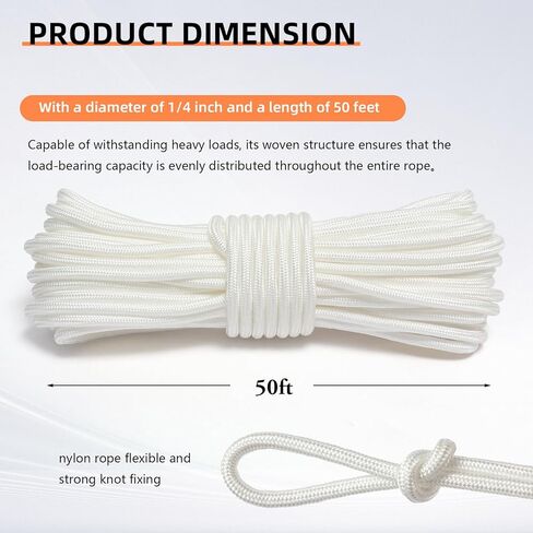 حبل نايلون، 1/4 بوصة 100 قدم نايلون بولي حبل بوليستر قوي للتخييم، المشي لمسافات طويلة، حبل الغسيل، ربطة العنق، سارية العلم، البحرية، التأرجح في الهواء الطلق وداخل المنزل (6 مم برتقالي) in Kuwait