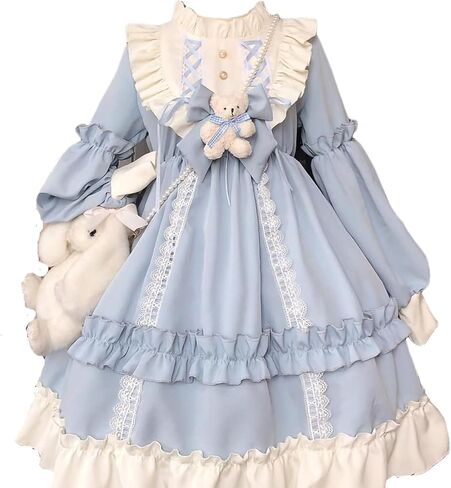 Girls Lolita Princess Dress Kawaii Long Sleeve Chiffon Skirt Cute Girl Dress Brown in Saudi Arabia