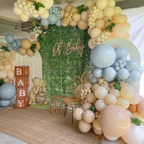 مجموعة قوس البالونات الزرقاء، 132 قطعة من البالونات الزرقاء الفاتحة المغبرة مع بالونات بنية مزدوجة محشوة لحفلات استقبال المولود الجديد، وإظهار الجنس، ومستلزمات تزيين الحفلات ذات طابع الدب عيد الميلاد in Kuwait