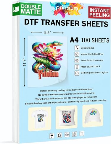 أوراق فيلم نقل DTF مقاس A4 - 100 حزمة (8.3 بوصة × 11.7 بوصة) - ممتازة مزدوجة غير لامعة ومضادة للكهرباء الساكنة - تقشير ساخن وبارد - متوافقة مع طابعات DTF - فيلم نقل حراري لألوان نابضة بالحياة ومطبوعات متينة in Kuwait