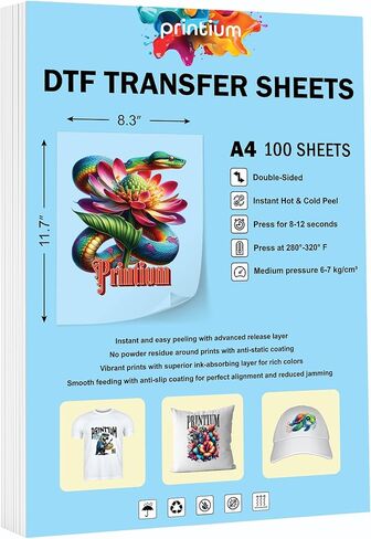 أوراق فيلم نقل DTF مقاس A4 - 100 حزمة (8.3 بوصة × 11.7 بوصة) - ممتازة مزدوجة غير لامعة ومضادة للكهرباء الساكنة - تقشير ساخن وبارد - متوافقة مع طابعات DTF - فيلم نقل حراري لألوان نابضة بالحياة ومطبوعات متينة in Kuwait