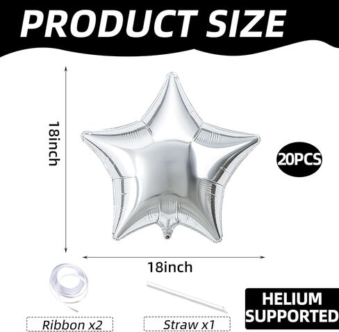 20 Pieces 18 Inch Star Foil Balloons, Metallic Mylar Star-Shaped Balloons for Birthdays, Baby Showers, Graduations, Weddings, Anniversaries, Christmas, New Year’s Eve, and Party Decorations (Silver) in Saudi Arabia