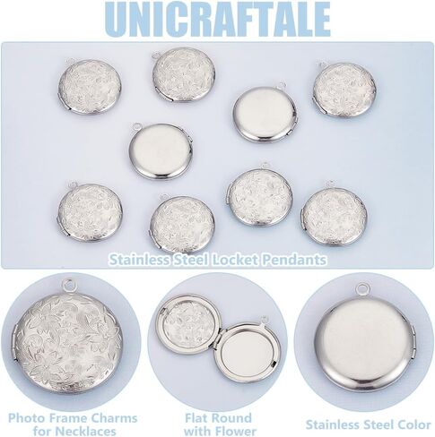 UNICRAFTALE 20pcs Stainless Steel Locket Pendants Flat Round Photo Frame Charms Locket Necklace Charms with Flower for Necklaces Bracelets Jewelry Making 30x28x5mm in Saudi Arabia