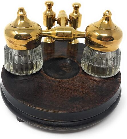 Madison Bay Co Double Clear Ribbed Inkwells with Wood and Brass Stand, Vintage R in Saudi Arabia