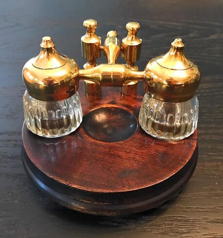 Madison Bay Co Double Clear Ribbed Inkwells with Wood and Brass Stand, Vintage R in Saudi Arabia