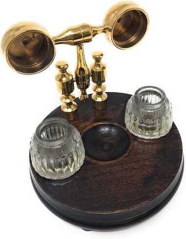 Madison Bay Co Double Clear Ribbed Inkwells with Wood and Brass Stand, Vintage R in Saudi Arabia