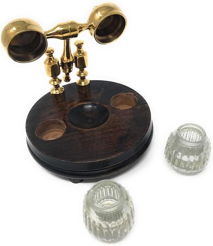 Madison Bay Co Double Clear Ribbed Inkwells with Wood and Brass Stand, Vintage R in Saudi Arabia
