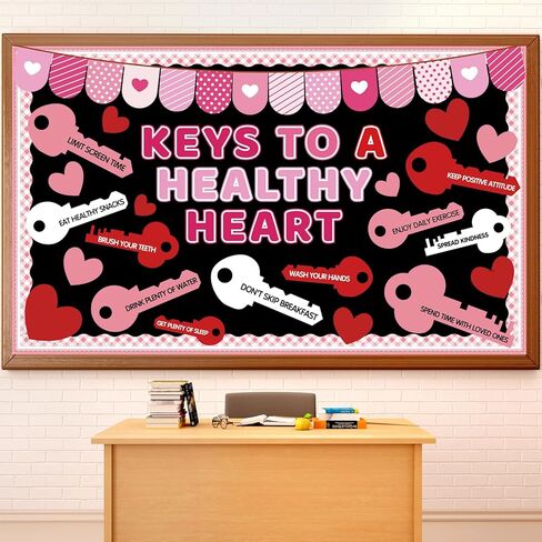Valentine's Day Health Habit Bulletin Board Decorations Set Valentines Keys to A Health Heart Classroom Decor Red Pink Love Heart Key Paper Cutouts for School Home Wall Door Party Supplies in Saudi Arabia