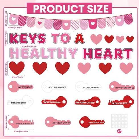Valentine's Day Health Habit Bulletin Board Decorations Set Valentines Keys to A Health Heart Classroom Decor Red Pink Love Heart Key Paper Cutouts for School Home Wall Door Party Supplies in Saudi Arabia