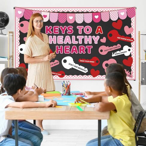 Valentine's Day Health Habit Bulletin Board Decorations Set Valentines Keys to A Health Heart Classroom Decor Red Pink Love Heart Key Paper Cutouts for School Home Wall Door Party Supplies in Saudi Arabia