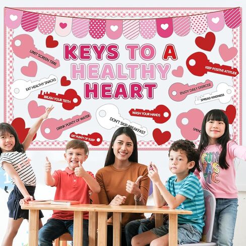 Valentine's Day Health Habit Bulletin Board Decorations Set Valentines Keys to A Health Heart Classroom Decor Red Pink Love Heart Key Paper Cutouts for School Home Wall Door Party Supplies in Saudi Arabia