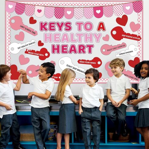 Valentine's Day Health Habit Bulletin Board Decorations Set Valentines Keys to A Health Heart Classroom Decor Red Pink Love Heart Key Paper Cutouts for School Home Wall Door Party Supplies in Saudi Arabia