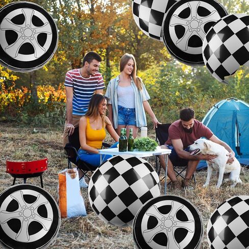12 Pcs Tire Balloons Black and White Checkered, 18 Inch Race Car Wheel Foil Balloons for Baby Shower Gender Reveal Racing Theme Birthday Party Decoration Party Supplies in Saudi Arabia