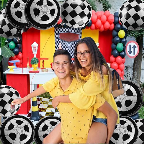 12 Pcs Tire Balloons Black and White Checkered, 18 Inch Race Car Wheel Foil Balloons for Baby Shower Gender Reveal Racing Theme Birthday Party Decoration Party Supplies in Saudi Arabia