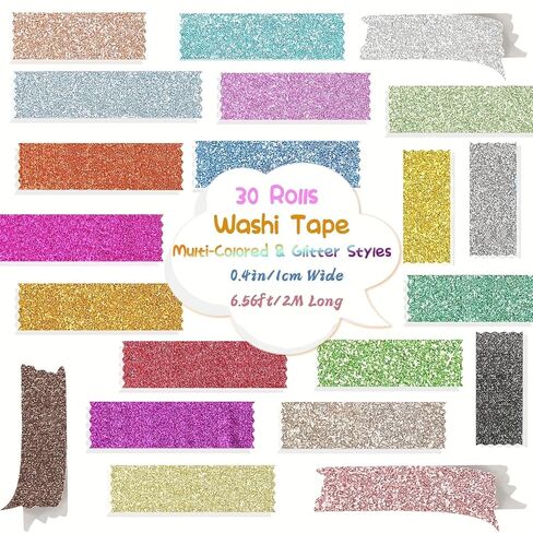 Metallic Glitter Washi Tape - 30 Rolls Thin Colored Masking Tape Set, 10mm Decorative Tapes for Bullet Journal, Scrapbook, Christmas DIY Crafts in Saudi Arabia