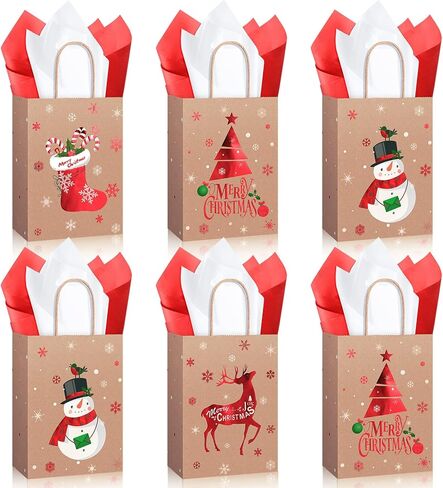 Funrous 16 Pcs Christmas Gift Bags Bulk with Handles and Tissue Paper, Christmas Goody Treat Bags for Gift Favors Candy Xmas Kraft Wrapping Holiday Party Supplies Xmas Decoration in Saudi Arabia
