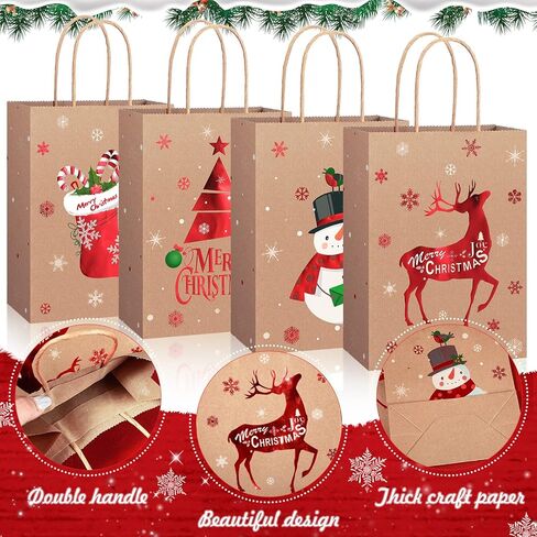 Funrous 16 Pcs Christmas Gift Bags Bulk with Handles and Tissue Paper, Christmas Goody Treat Bags for Gift Favors Candy Xmas Kraft Wrapping Holiday Party Supplies Xmas Decoration in Saudi Arabia