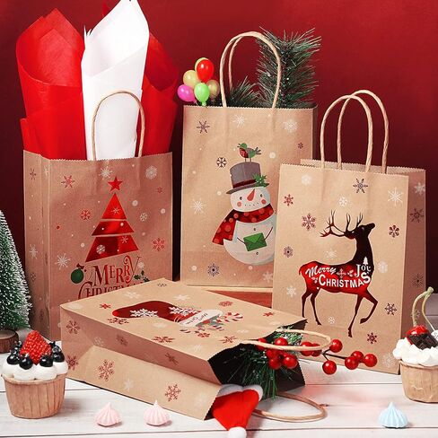 Funrous 16 Pcs Christmas Gift Bags Bulk with Handles and Tissue Paper, Christmas Goody Treat Bags for Gift Favors Candy Xmas Kraft Wrapping Holiday Party Supplies Xmas Decoration in Saudi Arabia