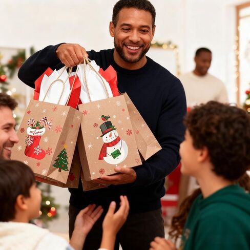 Funrous 16 Pcs Christmas Gift Bags Bulk with Handles and Tissue Paper, Christmas Goody Treat Bags for Gift Favors Candy Xmas Kraft Wrapping Holiday Party Supplies Xmas Decoration in Saudi Arabia
