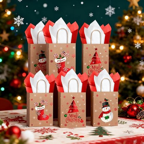 Funrous 16 Pcs Christmas Gift Bags Bulk with Handles and Tissue Paper, Christmas Goody Treat Bags for Gift Favors Candy Xmas Kraft Wrapping Holiday Party Supplies Xmas Decoration in Saudi Arabia
