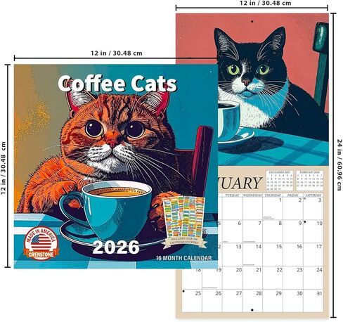 تقويم قطط القهوة 2026 - قطط كرتونية مضحكة فاخرة 2026 مع تقويم حائط القهوة | 12 بوصة × 24 بوصة مفتوح | حزمة تحتوي على أكثر من 100 ملصق تذكير (هدايا مضحكة تحت عنوان القطط، مستلزمات مكتبية) | صنع في الولايات المتحدة الأمريكية in Kuwait