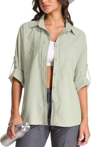 Women's UPF 50 Long Sleeve Safari Shirts,Sun Protection Quick Dry Outdoor Fishing Hiking gardening Shirt (6 Light Blue, X-Large) in Saudi Arabia