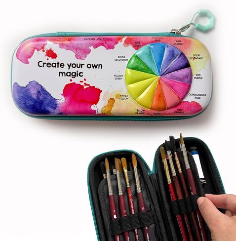 Paint Brush Organizer Case - Travel Zipper Storage Pouch - Opens Flat - 16 Elastic Slots for Watercolor, Oil, and Acrylic Brushes, Markers, Pencils, Pens and More in Saudi Arabia