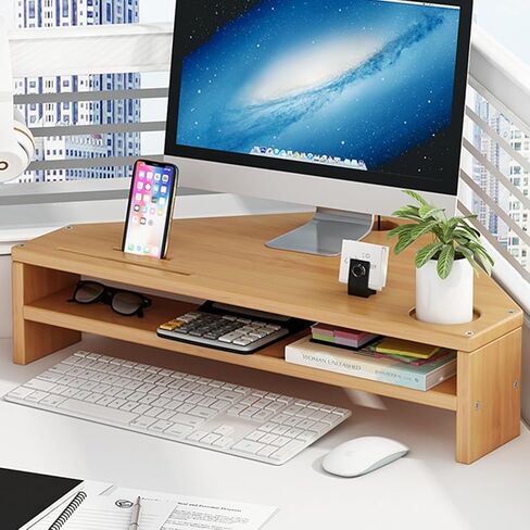 Corner Monitor Stand Solid Wood Corner Monitor Riser for Desk, Ergonomic Office Desktop Corner Shelf, Triangle Computer Stand with Storage, Save Space Laptop Risers in Saudi Arabia