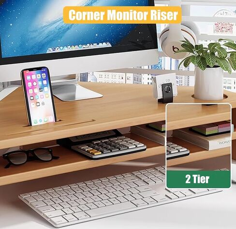 Corner Monitor Stand Solid Wood Corner Monitor Riser for Desk, Ergonomic Office Desktop Corner Shelf, Triangle Computer Stand with Storage, Save Space Laptop Risers in Saudi Arabia