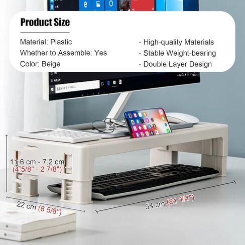 Beige Monitor Stand with Height Adjustable Function, Universal Computer Screen Riser, Space Saving Study Room/Office Desktop Storage Rack in Saudi Arabia