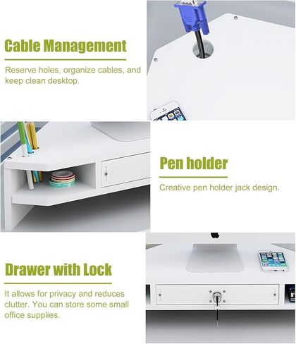 Corner Monitor Stand White Computer Riser with Drawer, Lockable Triangle Monitor Rack Storage for Corner, 2-Tier Wood Desk Shelf Office Organization in Saudi Arabia