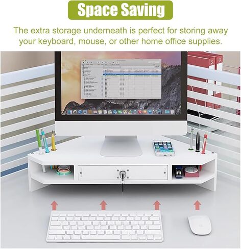 Corner Monitor Stand White Computer Riser with Drawer, Lockable Triangle Monitor Rack Storage for Corner, 2-Tier Wood Desk Shelf Office Organization in Saudi Arabia
