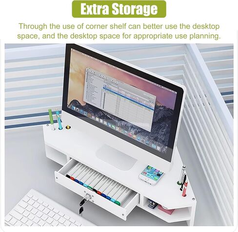 Corner Monitor Stand White Computer Riser with Drawer, Lockable Triangle Monitor Rack Storage for Corner, 2-Tier Wood Desk Shelf Office Organization in Saudi Arabia