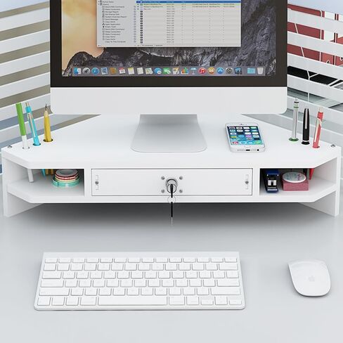 White Corner Monitor Stand with Drawer/Pen Holder, 2 Tier Wood Desktop Computer Riser, Triangle Desk Organizer Storage Rack for Office in Saudi Arabia