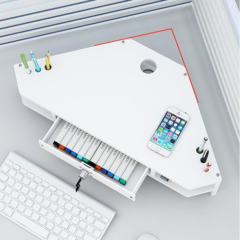 White Corner Monitor Stand with Drawer/Pen Holder, 2 Tier Wood Desktop Computer Riser, Triangle Desk Organizer Storage Rack for Office in Saudi Arabia