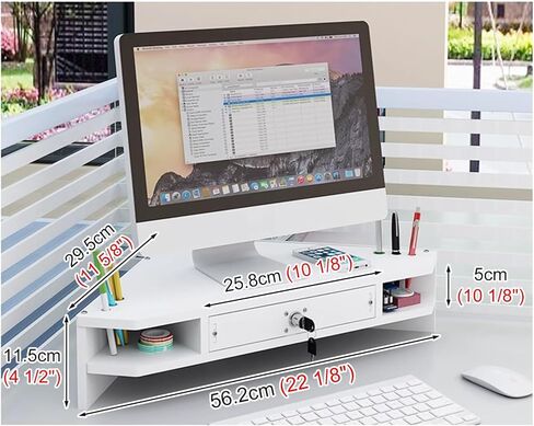 White Corner Monitor Stand with Drawer/Pen Holder, 2 Tier Wood Desktop Computer Riser, Triangle Desk Organizer Storage Rack for Office in Saudi Arabia