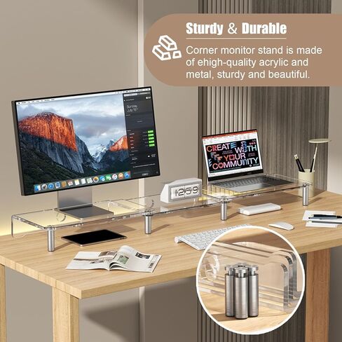 Clear Acrylic Dual Monitor Stand, Adjustable Length and Angle Multi Screen Stand with Metal Leg, Office Desktop Organizer Stand for Screen/Laptop in Saudi Arabia