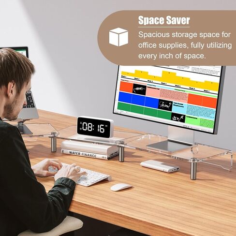 Clear Acrylic Dual Monitor Stand, Adjustable Length and Angle Multi Screen Stand with Metal Leg, Office Desktop Organizer Stand for Screen/Laptop in Saudi Arabia